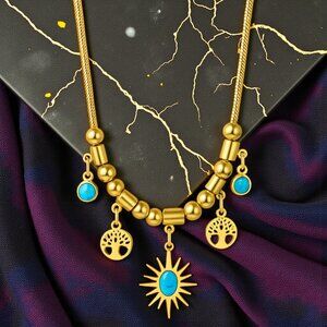 🆕18K Gold Plated Stainless Steel Turquoise Necklace Sun Tree Of Life Charms